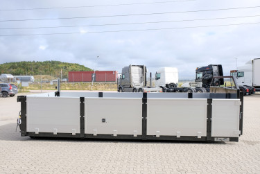 15 m3 lastväxlarflak med aluminiumlämmar - grusförstärkt och 24 tons ram