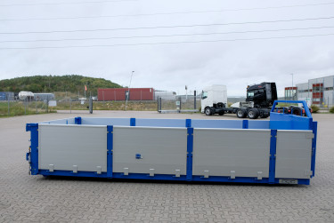 15 m3 lastväxlarflak med aluminiumlämmar - grusförstärkt och 24 tons ram