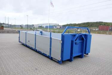 15 m3 lastväxlarflak med aluminiumlämmar - grusförstärkt och 24 tons ram